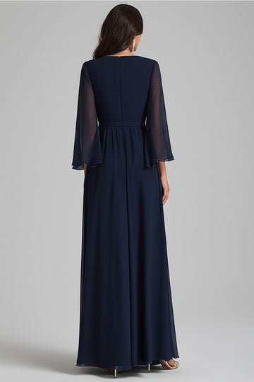 A Line Navy V-Neck Chiffon Formal Dress